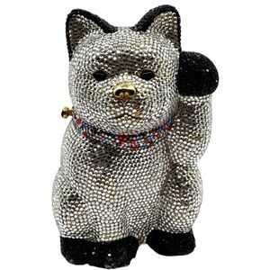 Judith Leiber Multi Color Swarovski Crystal Waiving Cat Minaudiere Evening Bag